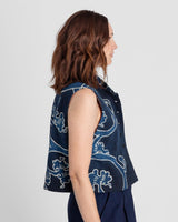 Mandarin Vest in Vintage Japanese Indigo Cotton with Scrolling Vine PatternMandarin Vests