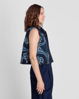 Mandarin Vest in Vintage Japanese Indigo Cotton with Scrolling Vine PatternMandarin Vests