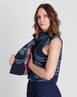 Mandarin Vest in Vintage Japanese Indigo Cotton with Scrolling Vine PatternMandarin Vests