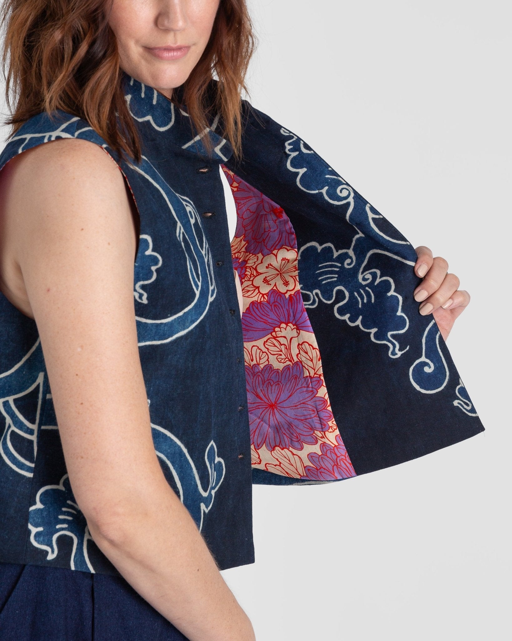 Mandarin Vest in Vintage Japanese Indigo Cotton with Scrolling Vine PatternMandarin Vests