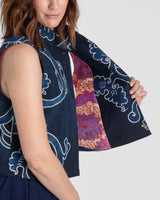 Mandarin Vest in Vintage Japanese Indigo Cotton with Scrolling Vine PatternMandarin Vests