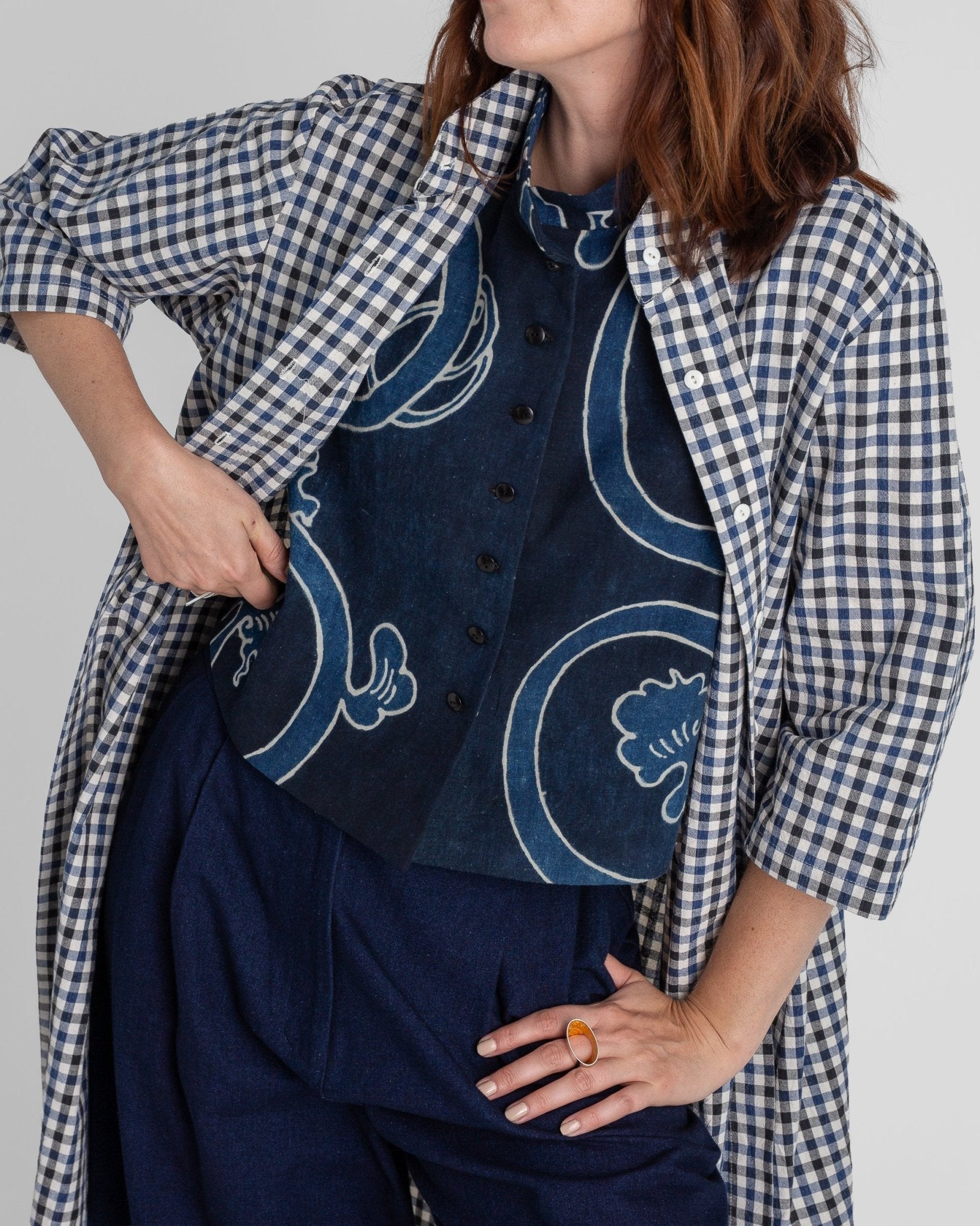 Mandarin Vest in Vintage Japanese Indigo Cotton with Scrolling Vine PatternMandarin Vests
