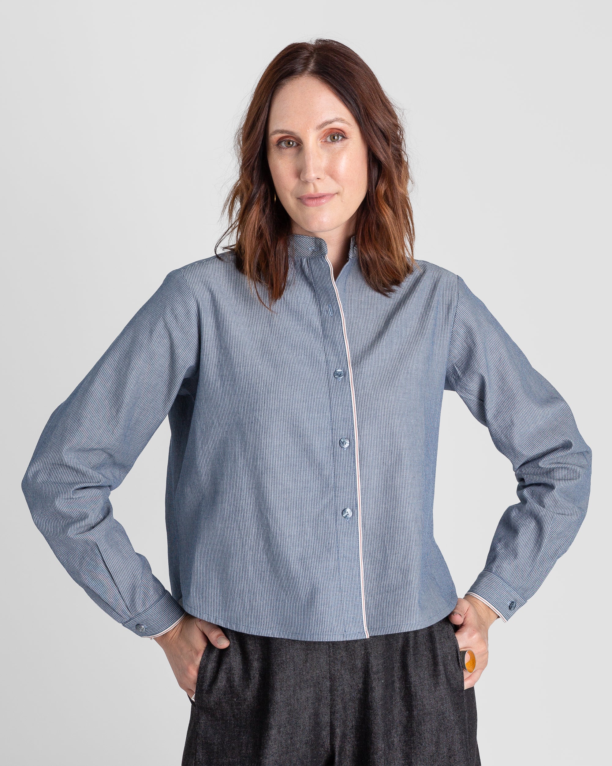 Mini Shirt in Blue-Gray Cotton Stripe