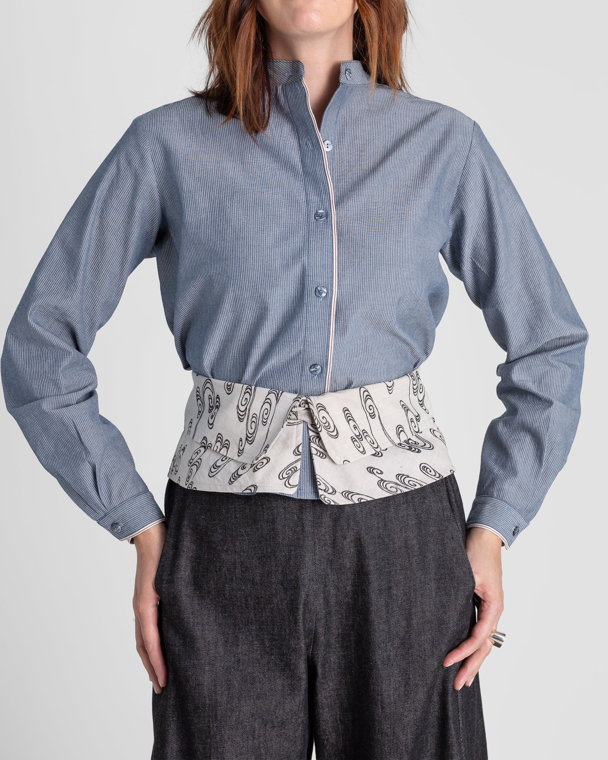 Mini Shirt in Blue-Gray Cotton Stripe