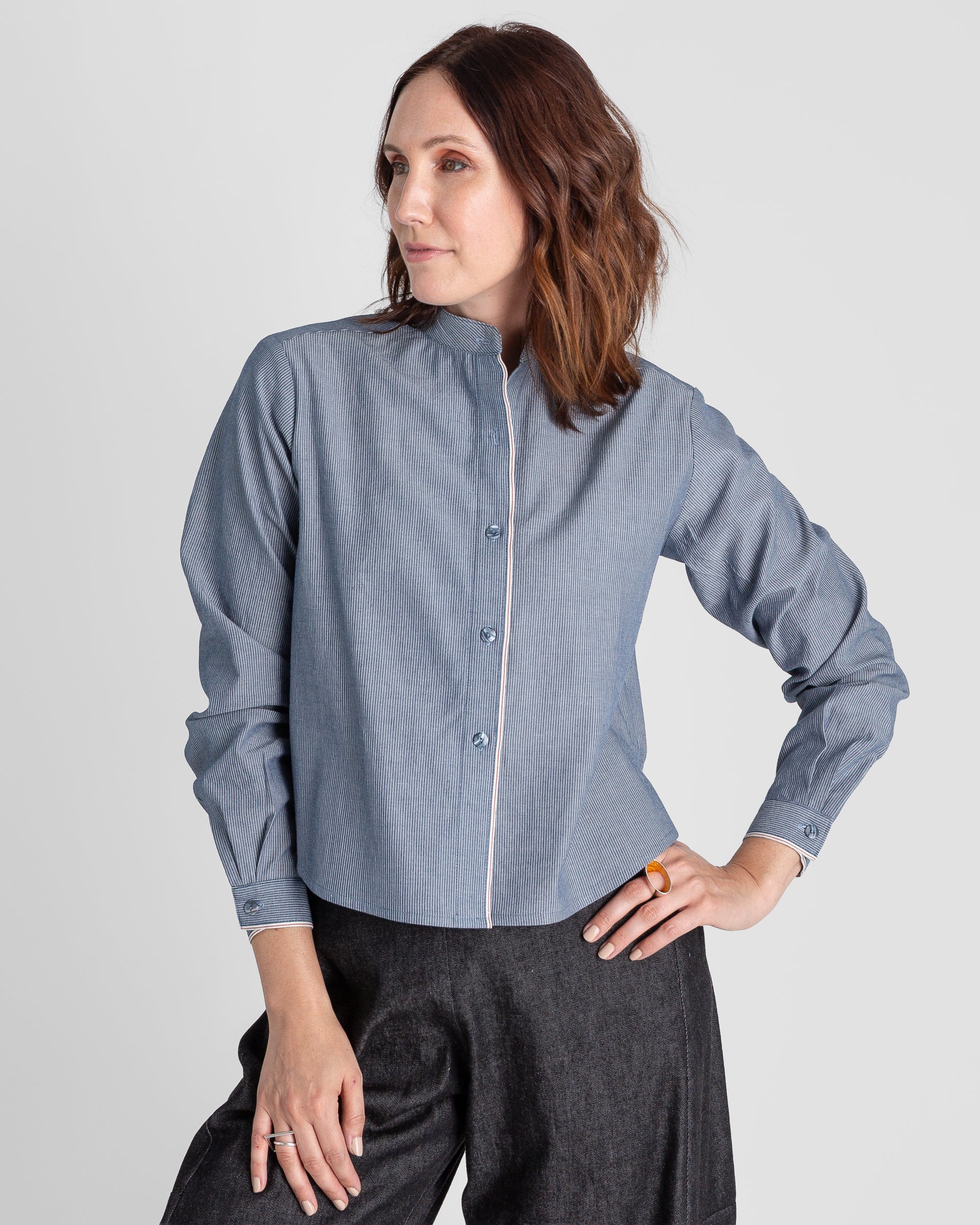 Mini Shirt in Blue-Gray Cotton Stripe