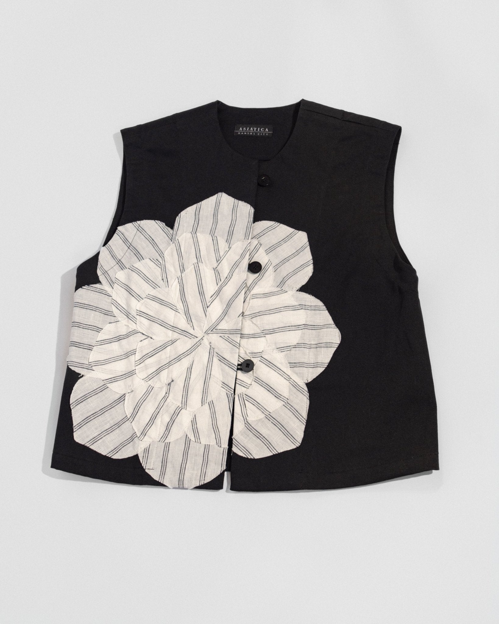 Noma Vest in Black Cotton Twill with Linen Floral AppliquéNoma Vests