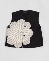 Noma Vest in Black Cotton Twill with Linen Floral AppliquéNoma Vests