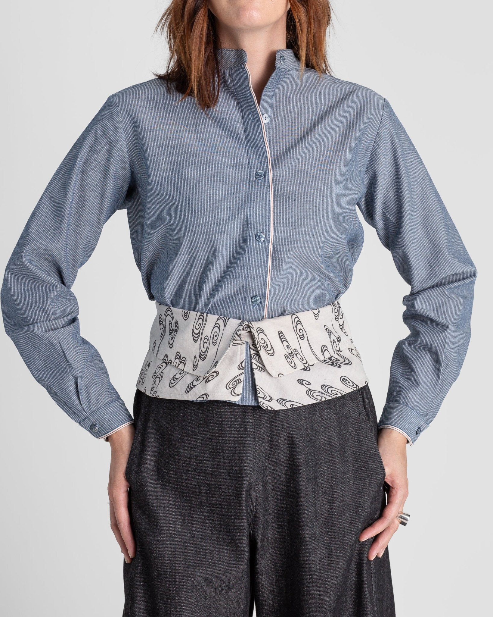 Obi Belt in Vintage Japanese Light Gray Linen with Black Wave PrintBelts