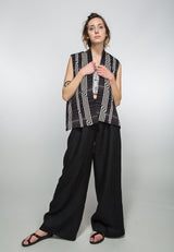 Obi Belt in Vintage Japanese Light Gray Linen with Black Wave Print