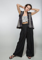 Obi Belt in Vintage Japanese Light Gray Linen with Black Wave Print