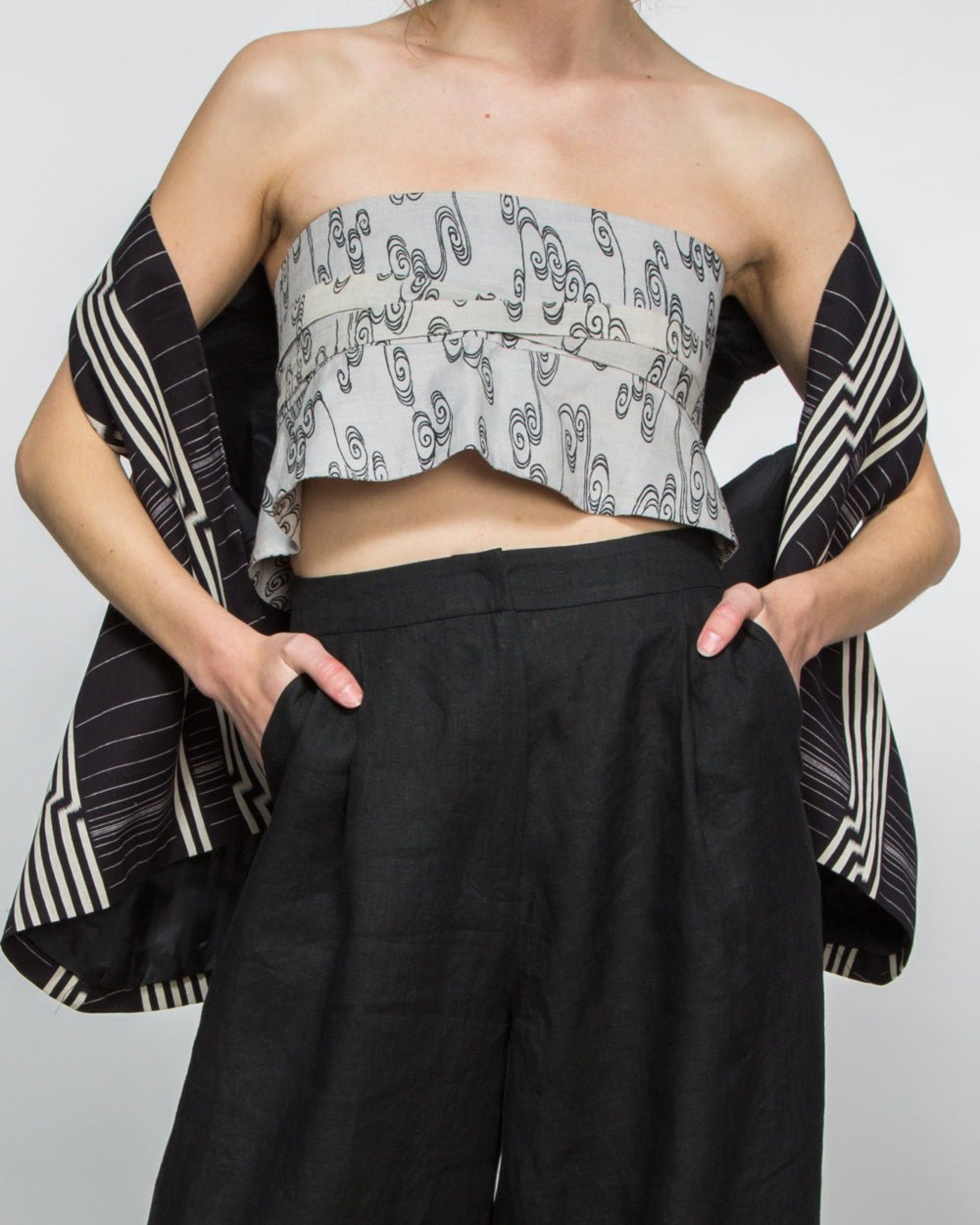 Obi Belt in Vintage Japanese Light Gray Linen with Black Wave Print