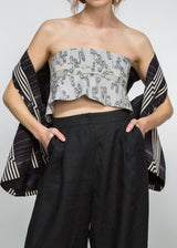 Obi Belt in Vintage Japanese Light Gray Linen with Black Wave Print