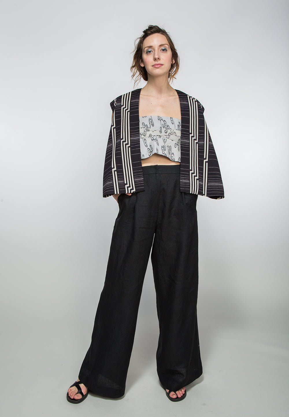 Obi Belt in Vintage Japanese Light Gray Linen with Black Wave Print