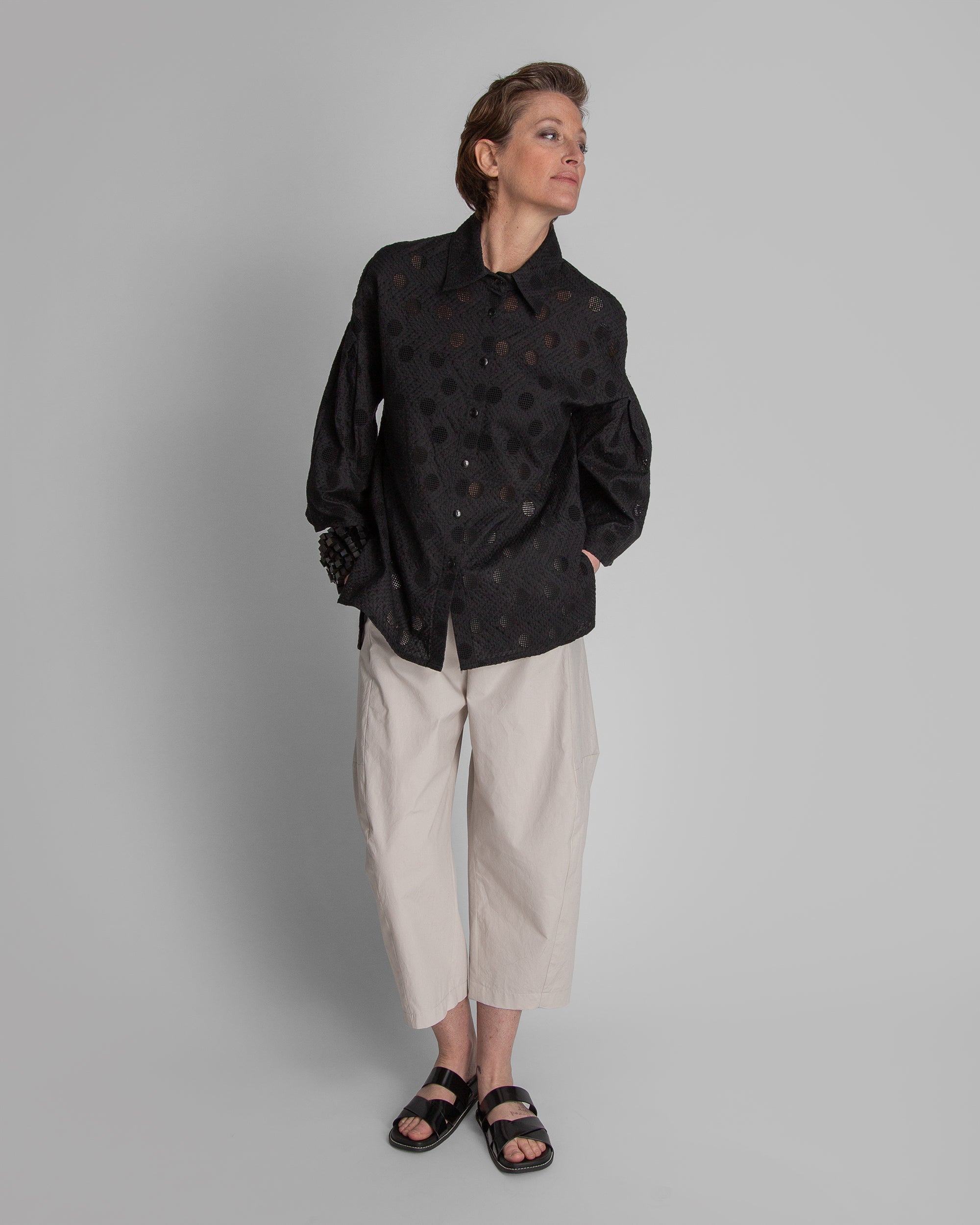 Pleat Blouse in Black Nuno Cotton