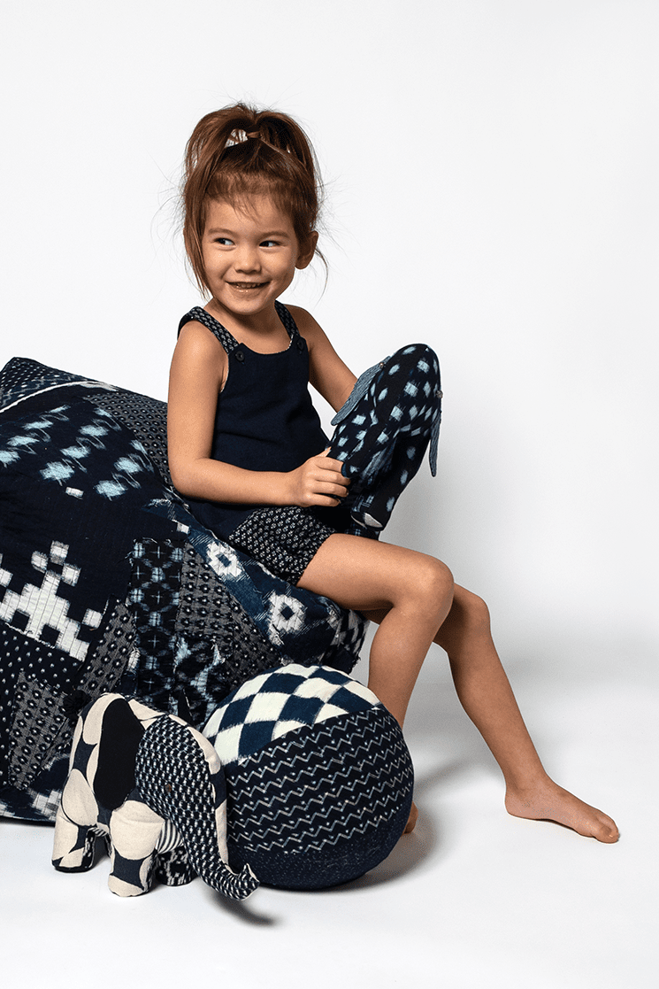 Overall Dress in Vintage Japanese Indigo Ikat Mix