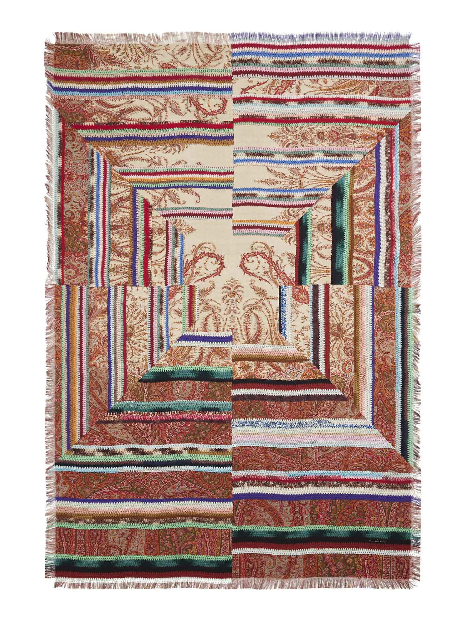 Printed silk scarf with "crocheted" section.