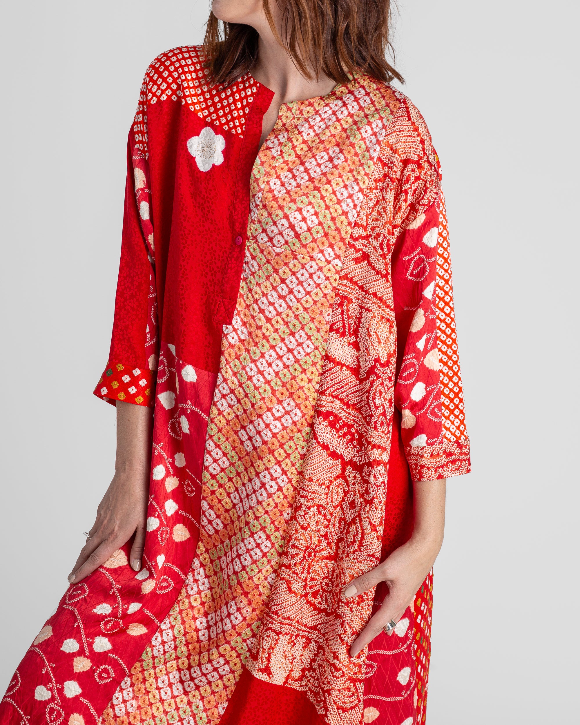 Flared Caftan in Vintage Japanese Tie-Dyed Red Silks