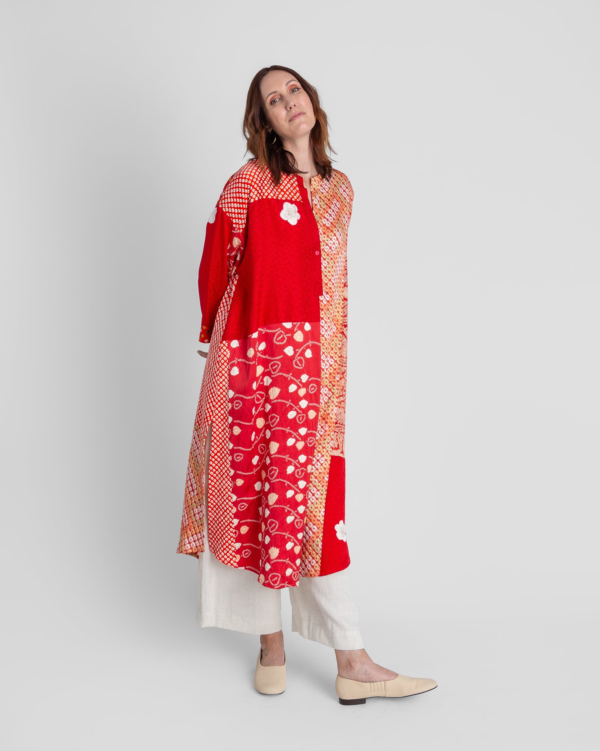 Flared Caftan in Vintage Japanese Tie-Dyed Red Silks