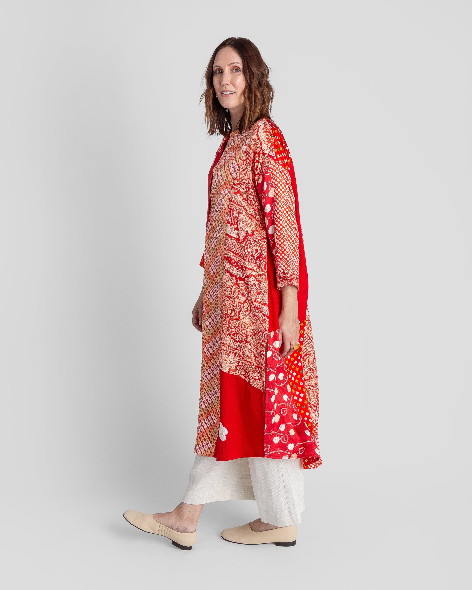 Flared Caftan in Vintage Japanese Tie-Dyed Red Silks