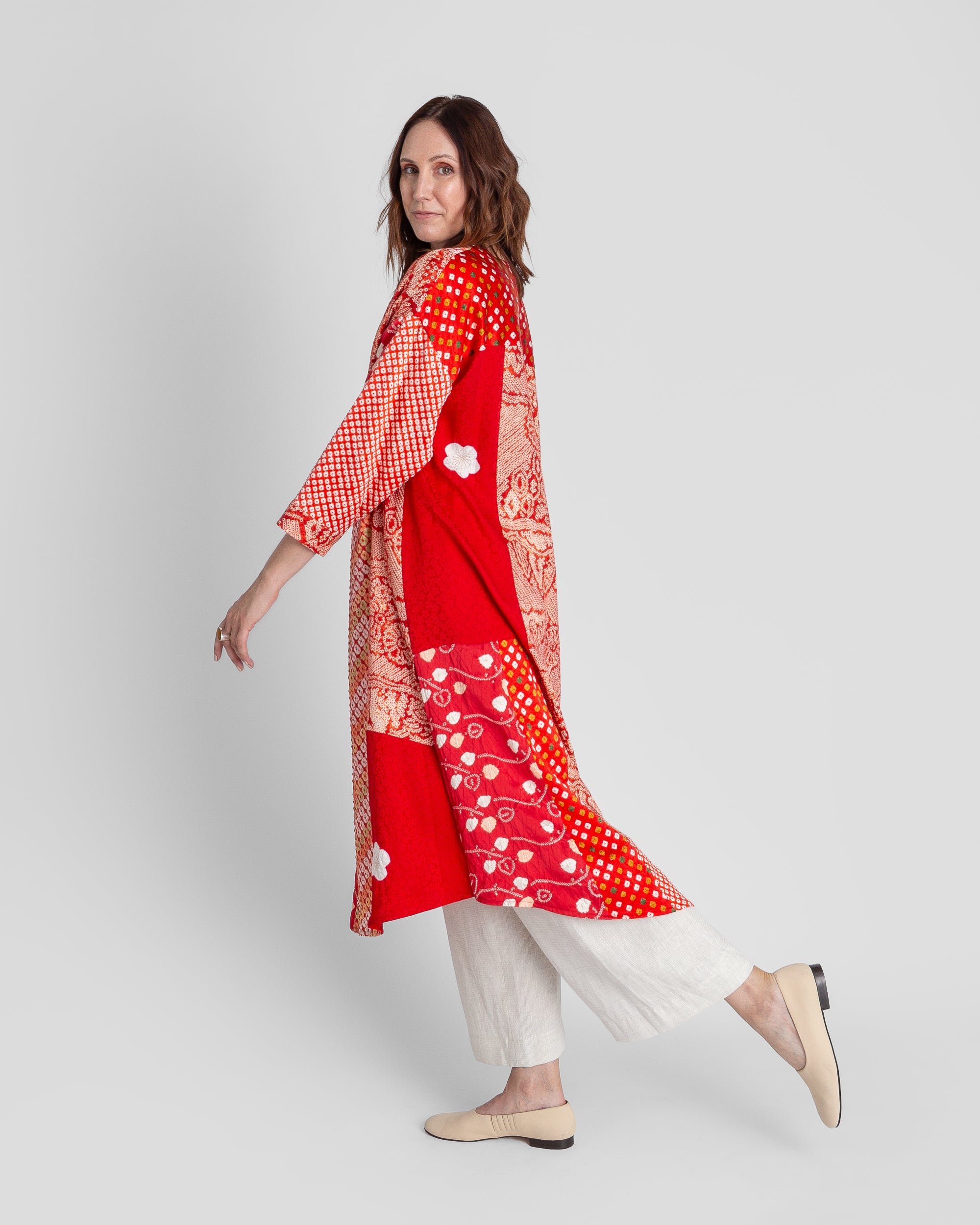 Flared Caftan in Vintage Japanese Tie-Dyed Red Silks