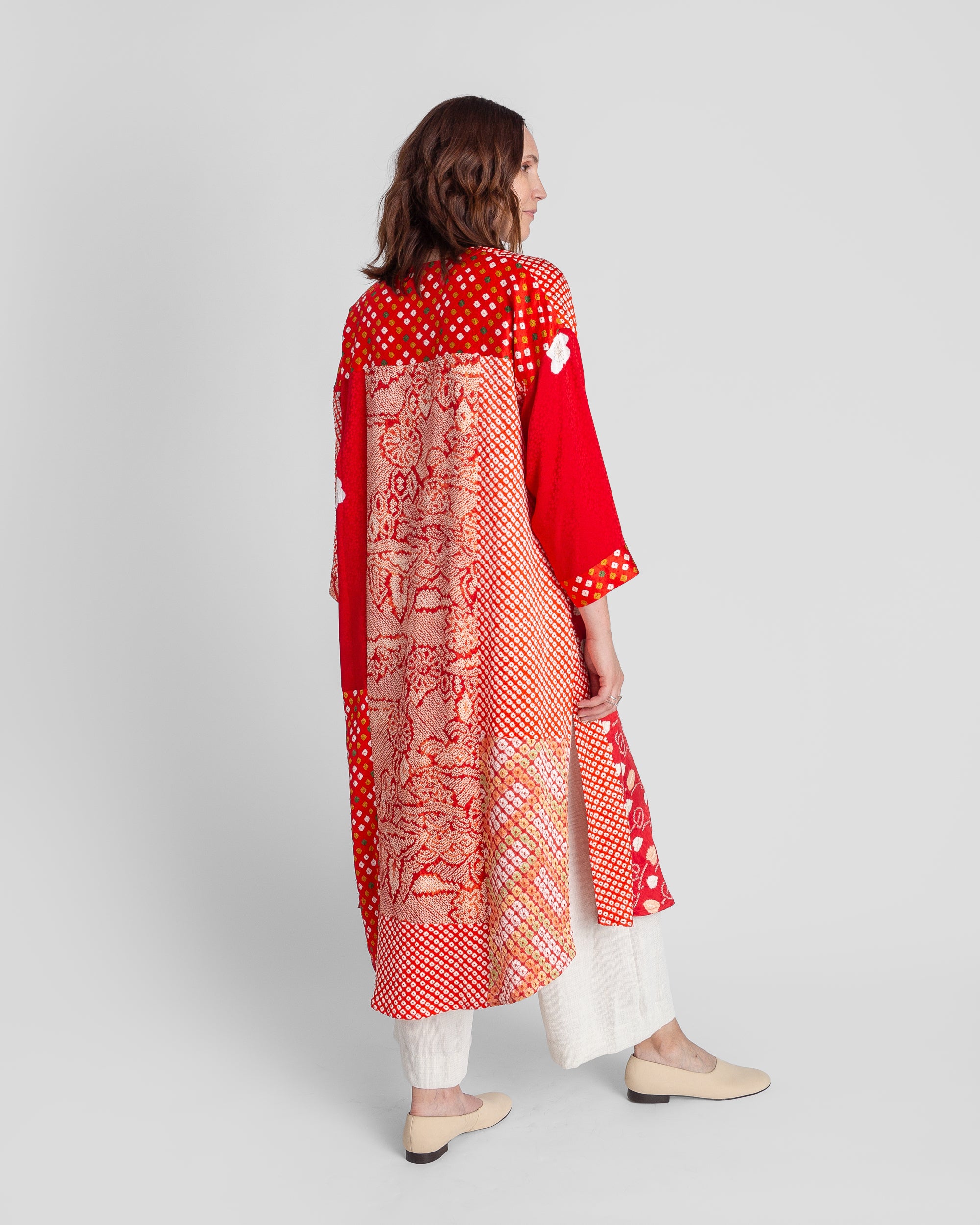 Flared Caftan in Vintage Japanese Tie-Dyed Red Silks
