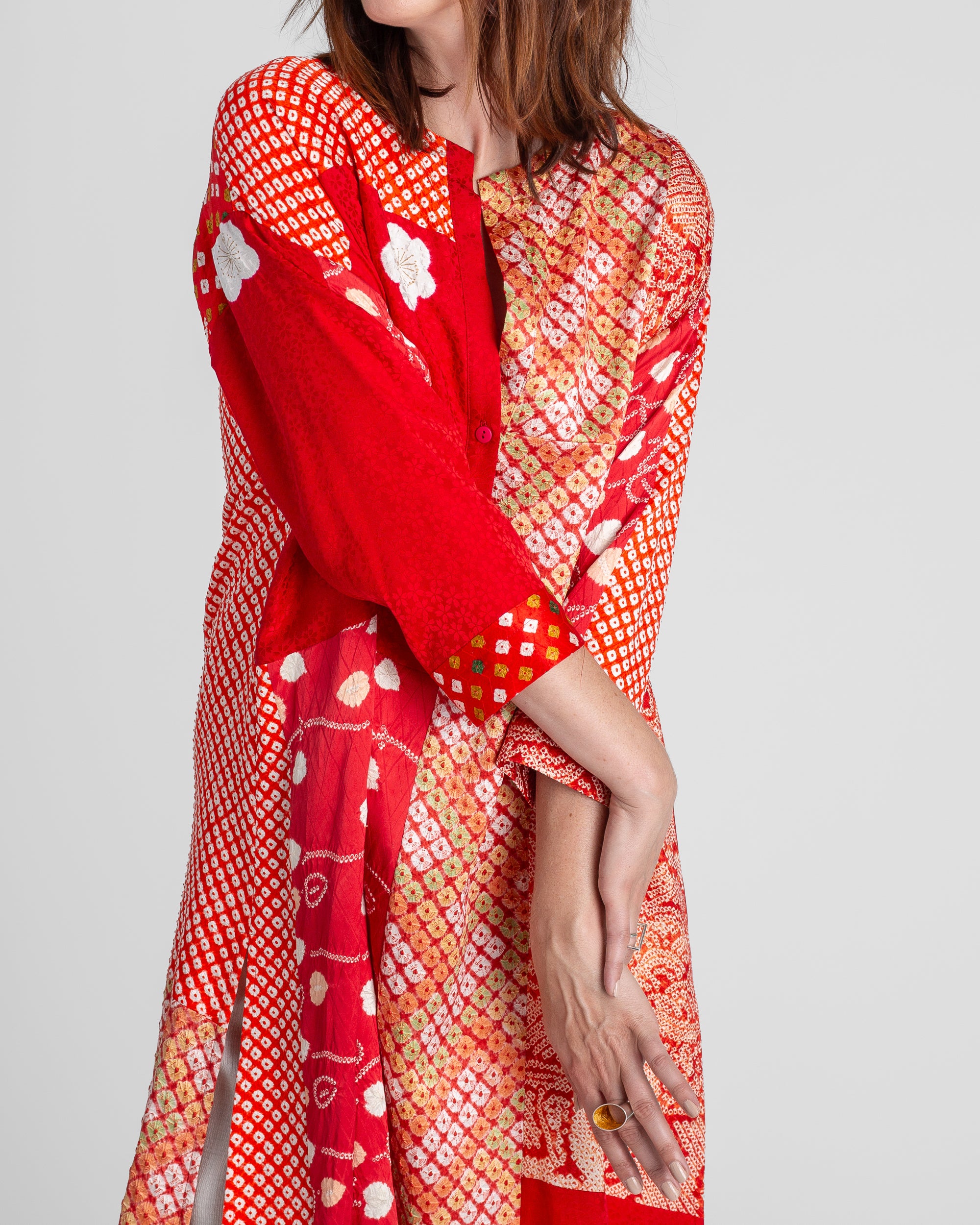 Flared Caftan in Vintage Japanese Tie-Dyed Red Silks