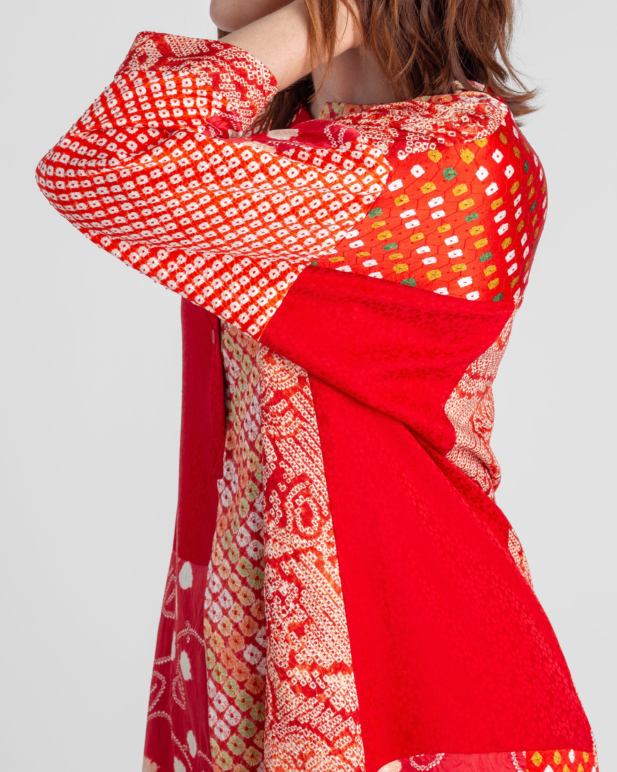 Flared Caftan in Vintage Japanese Tie-Dyed Red Silks