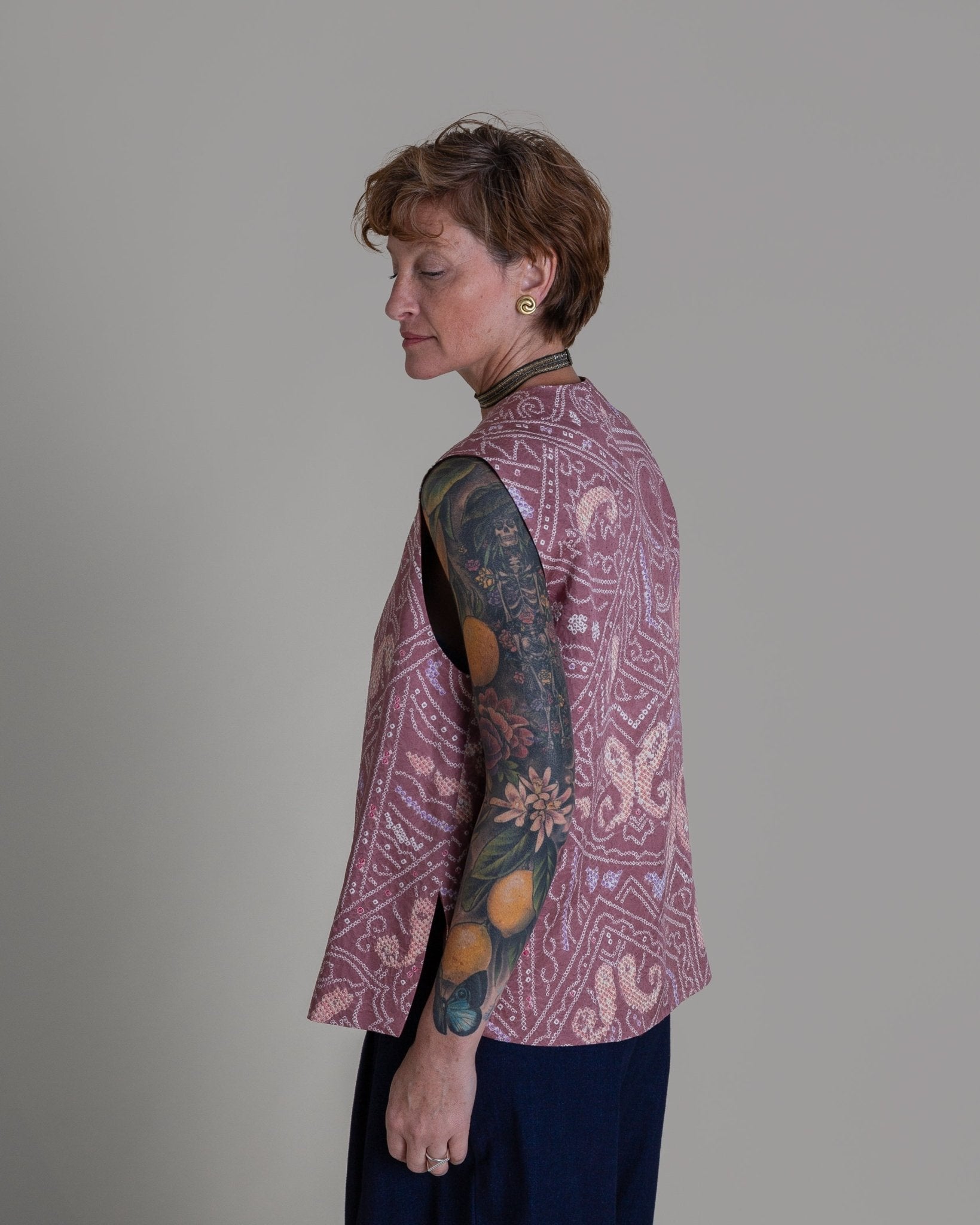Round Neck Vest in Vintage Japanese Silk Tie DyeRound Neck Vests