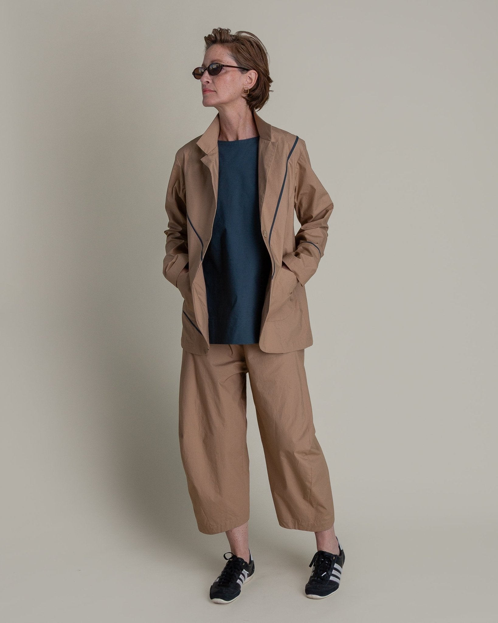Slouchy Christina Jacket in Khaki Cotton Poplin with Slate PipingChristina Jackets