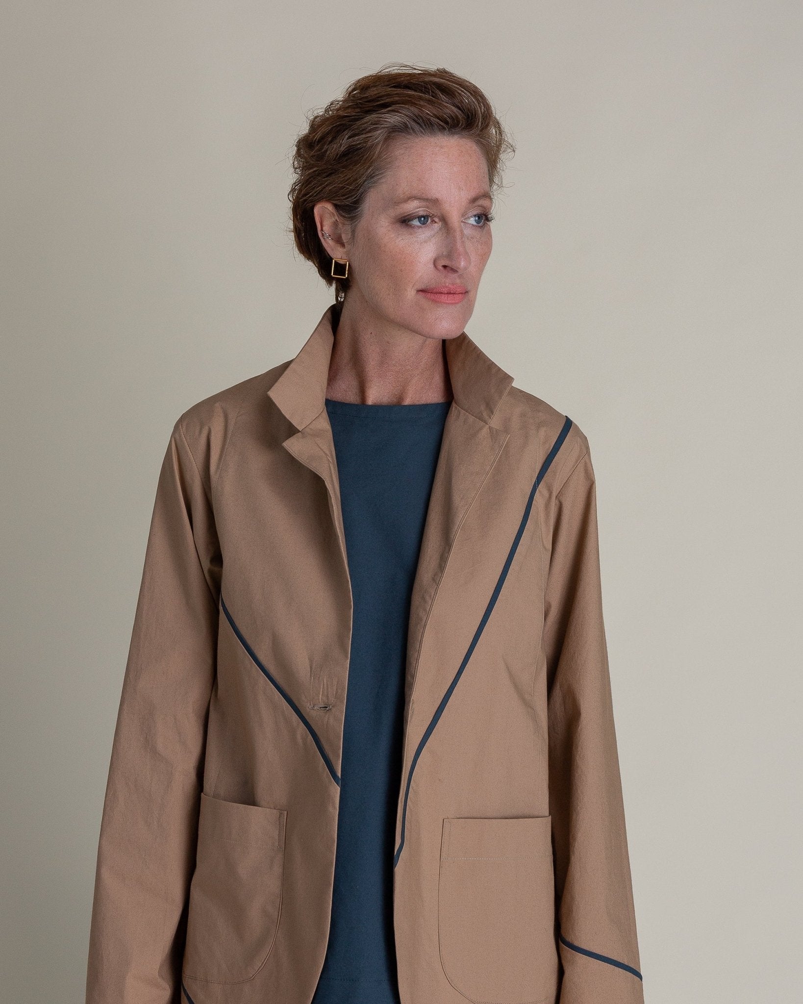 Slouchy Christina Jacket in Khaki Cotton Poplin with Slate PipingChristina Jackets