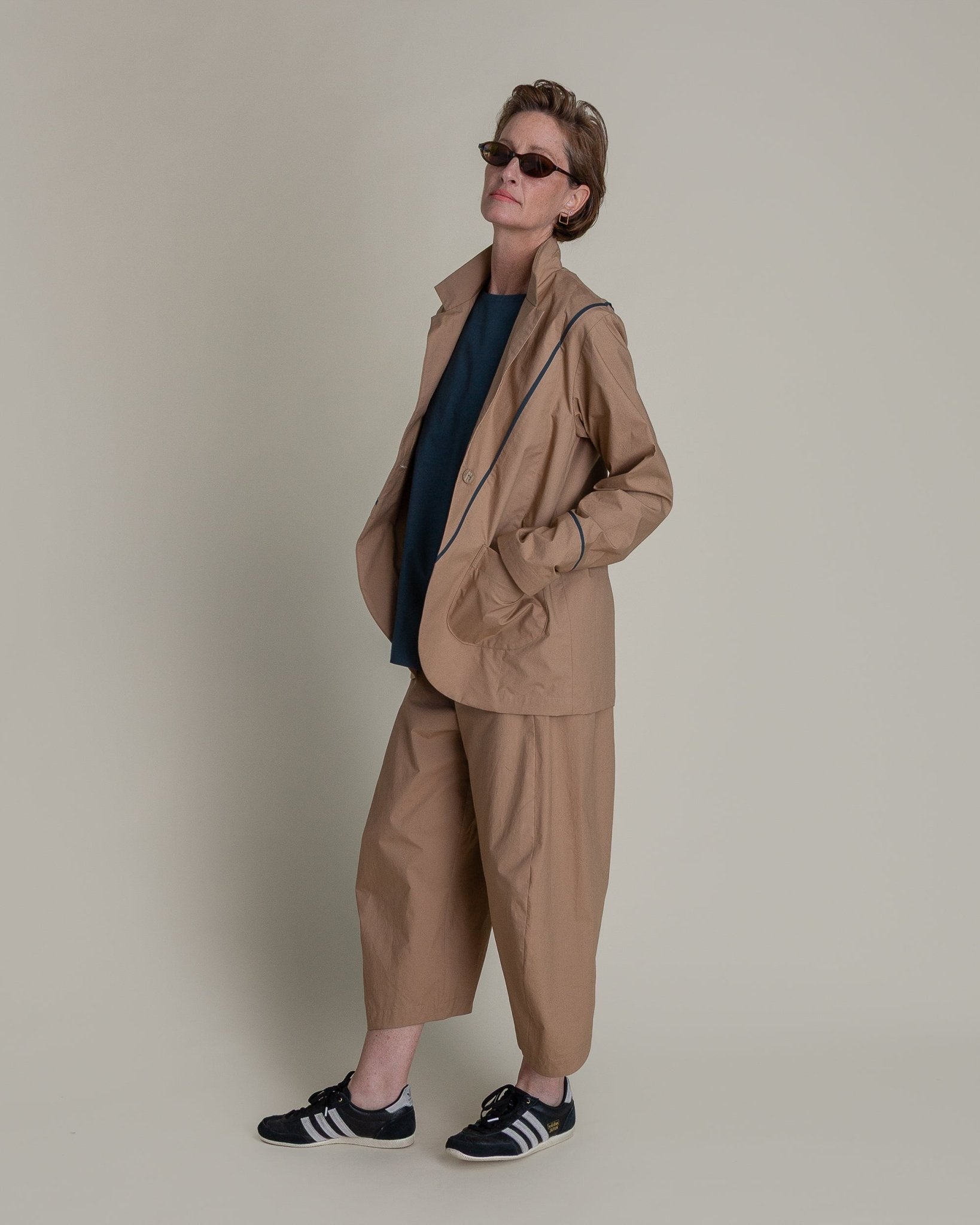 Slouchy Christina Jacket in Khaki Cotton Poplin with Slate PipingChristina Jackets