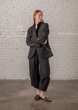 Slouchy Christina Jacket in Wool Pinstripe with Vintage Ribbons