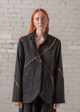 Slouchy Christina Jacket in Wool Pinstripe with Vintage Ribbons