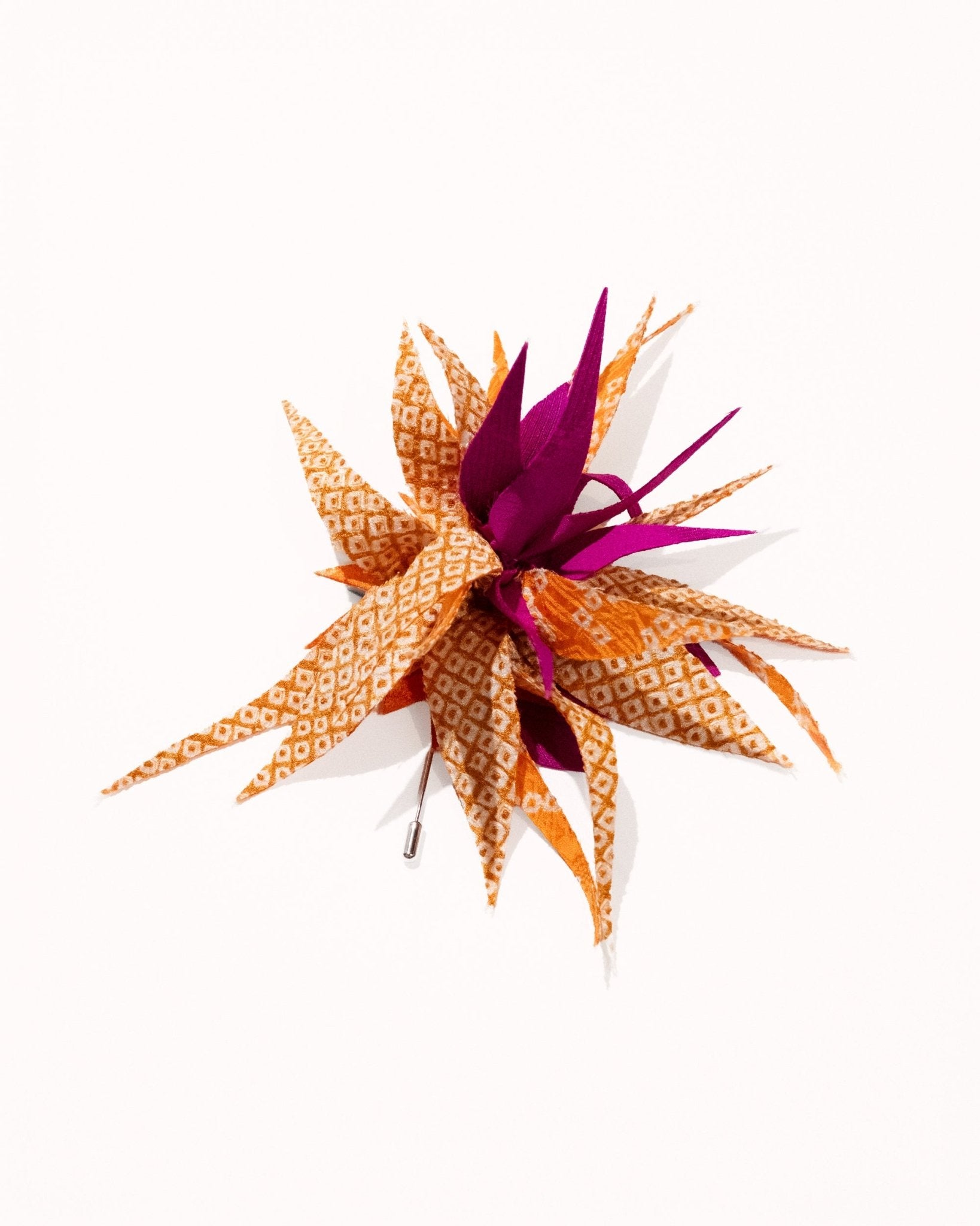 Spiky Flower Pin in Magenta, Curry and Orange Vintage Japanese SilksFlower Pins