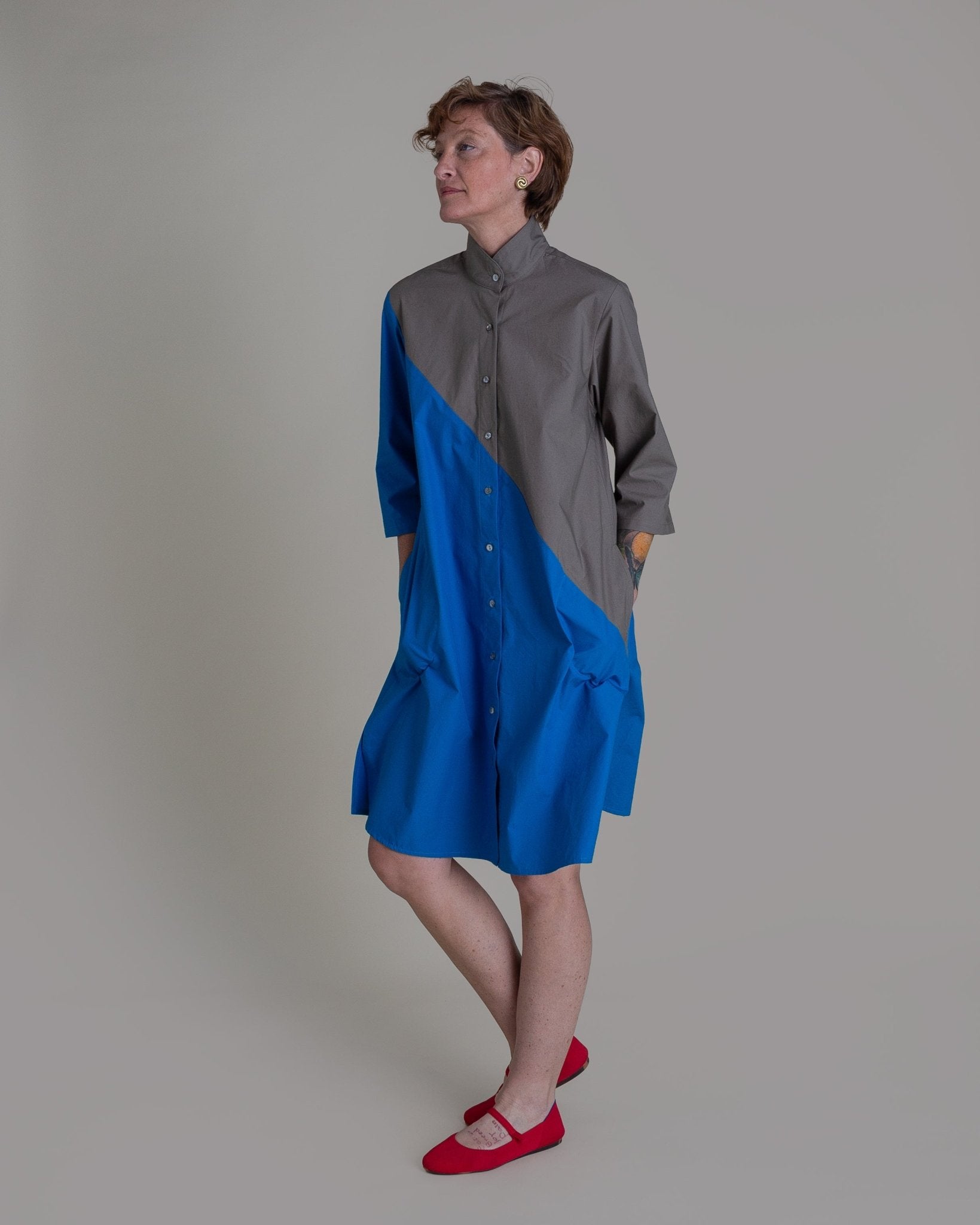 Summer Dress in Blue and Slate Pieced Cotton PoplinSummer Dress