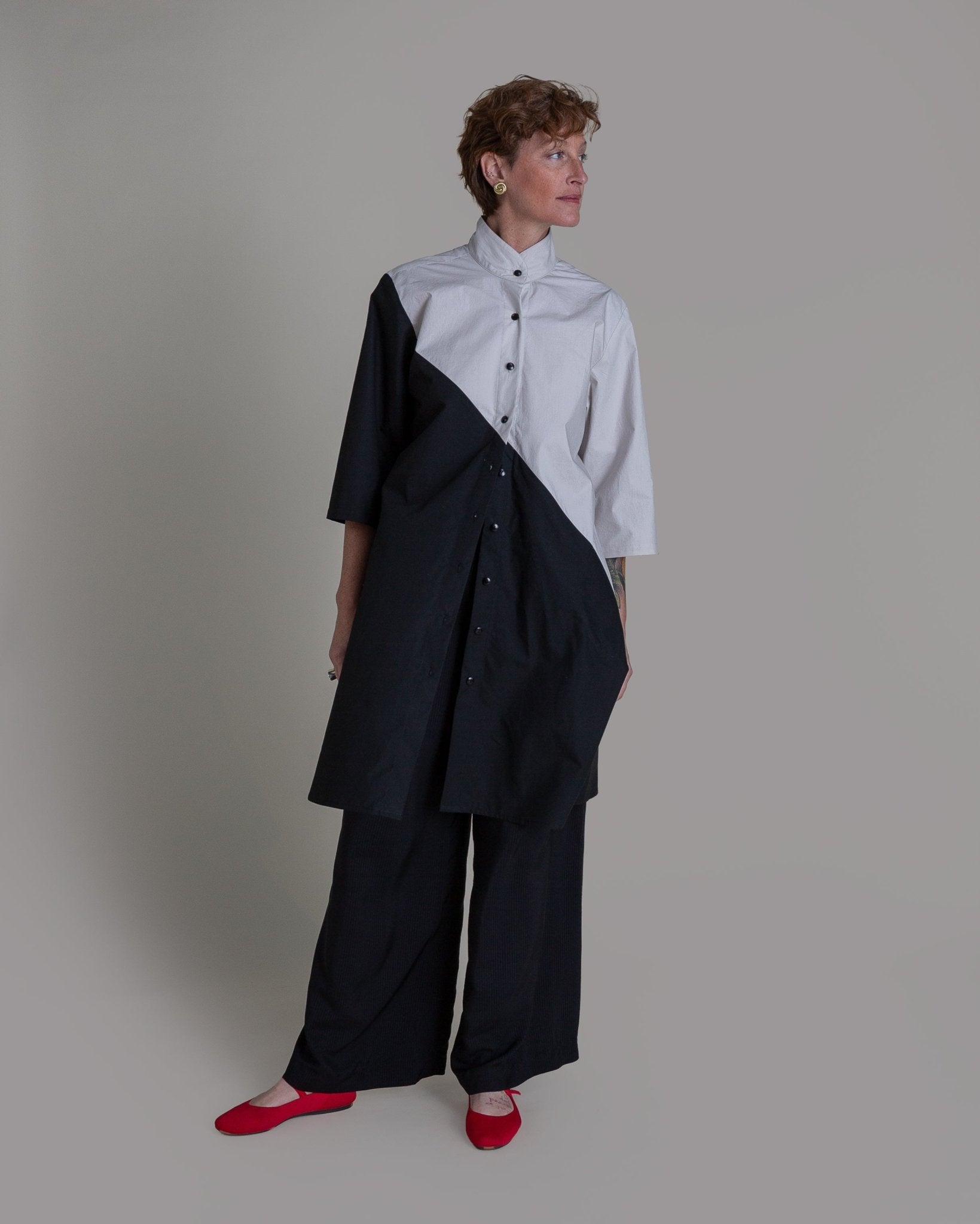 Summer Dress in Dove and Black Pieced Cotton PoplinSummer Dress