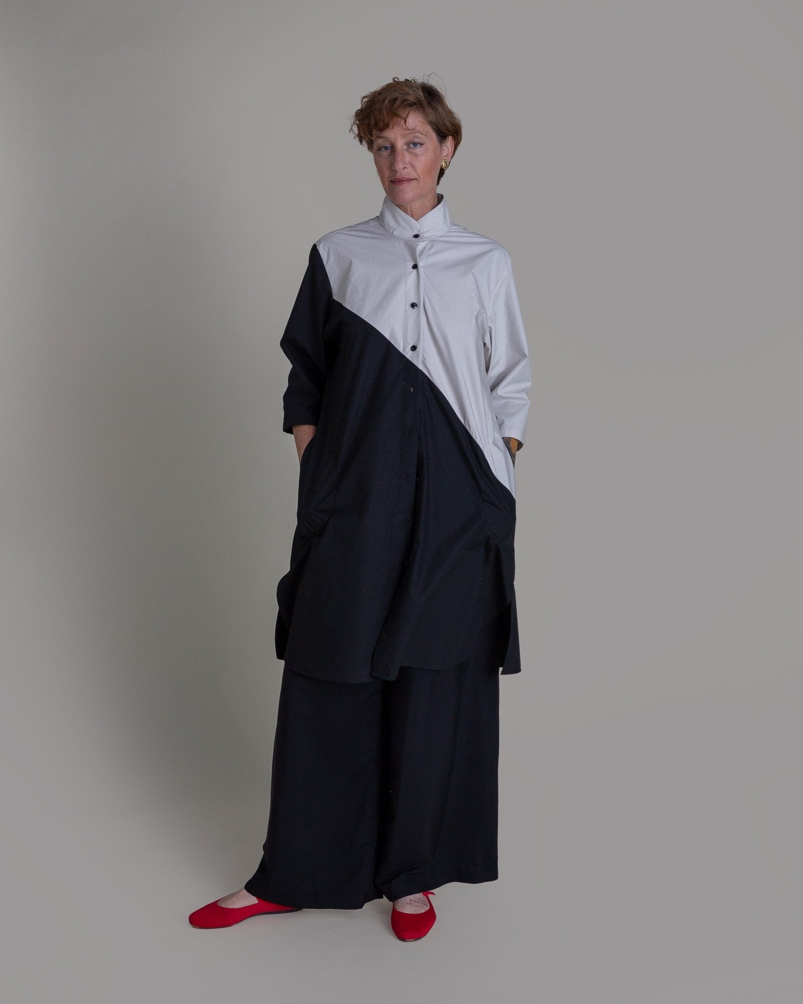 Summer Dress in Dove and Black Pieced Cotton PoplinSummer Dress