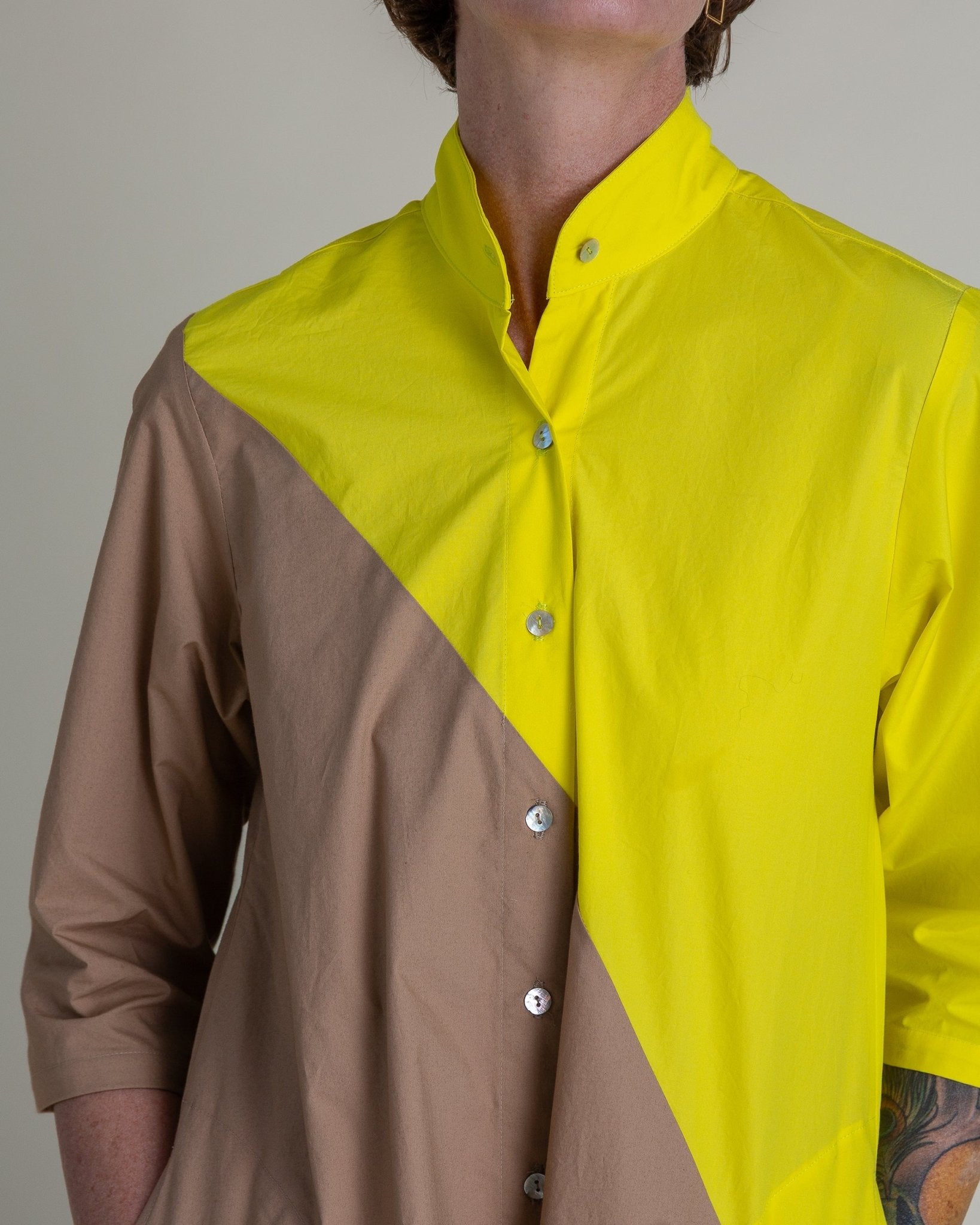 Summer Dress in Electric Yellow and Khaki Pieced Cotton PoplinSummer Dress