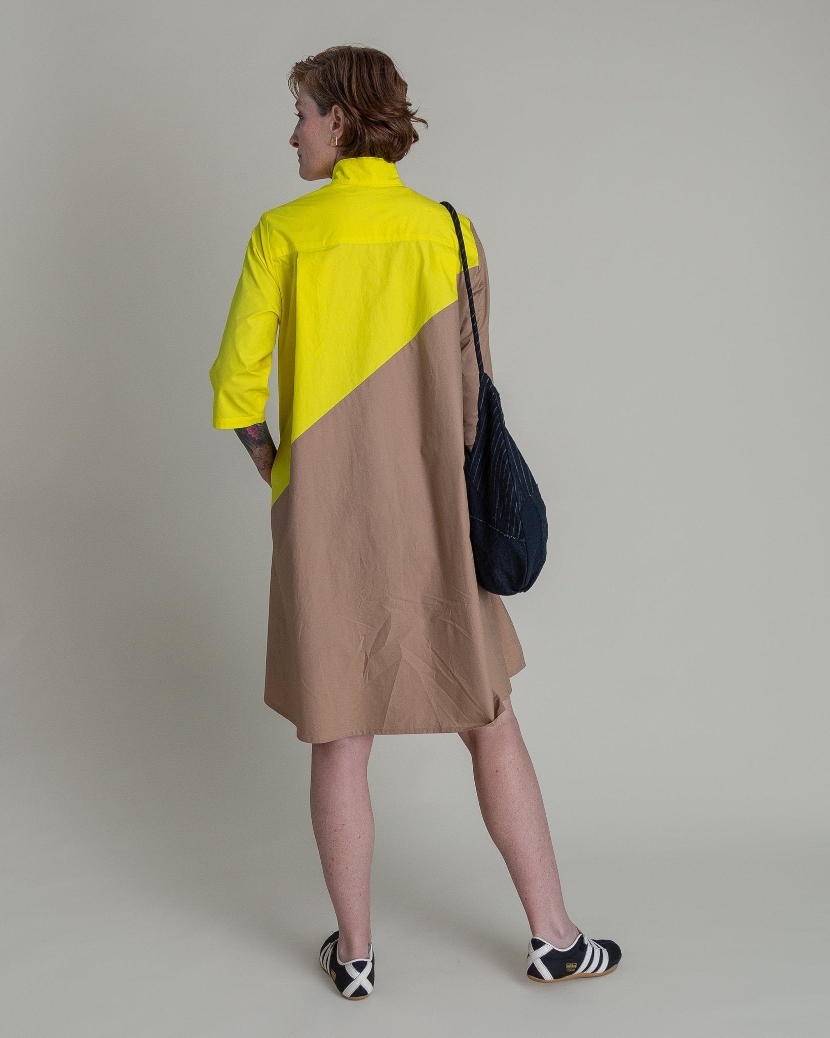 Summer Dress in Electric Yellow and Khaki Pieced Cotton PoplinSummer Dress