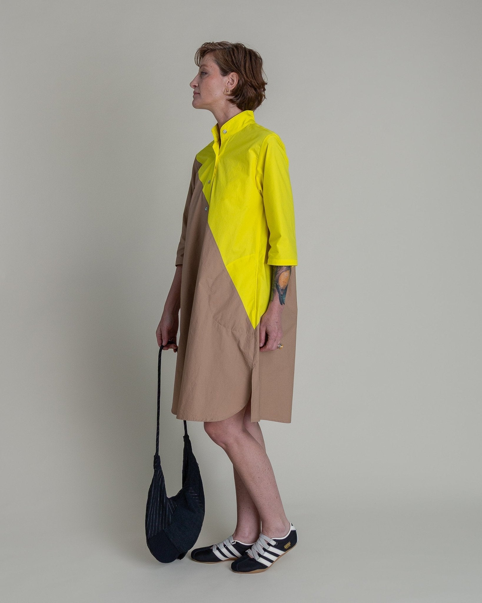 Summer Dress in Electric Yellow and Khaki Pieced Cotton PoplinSummer Dress