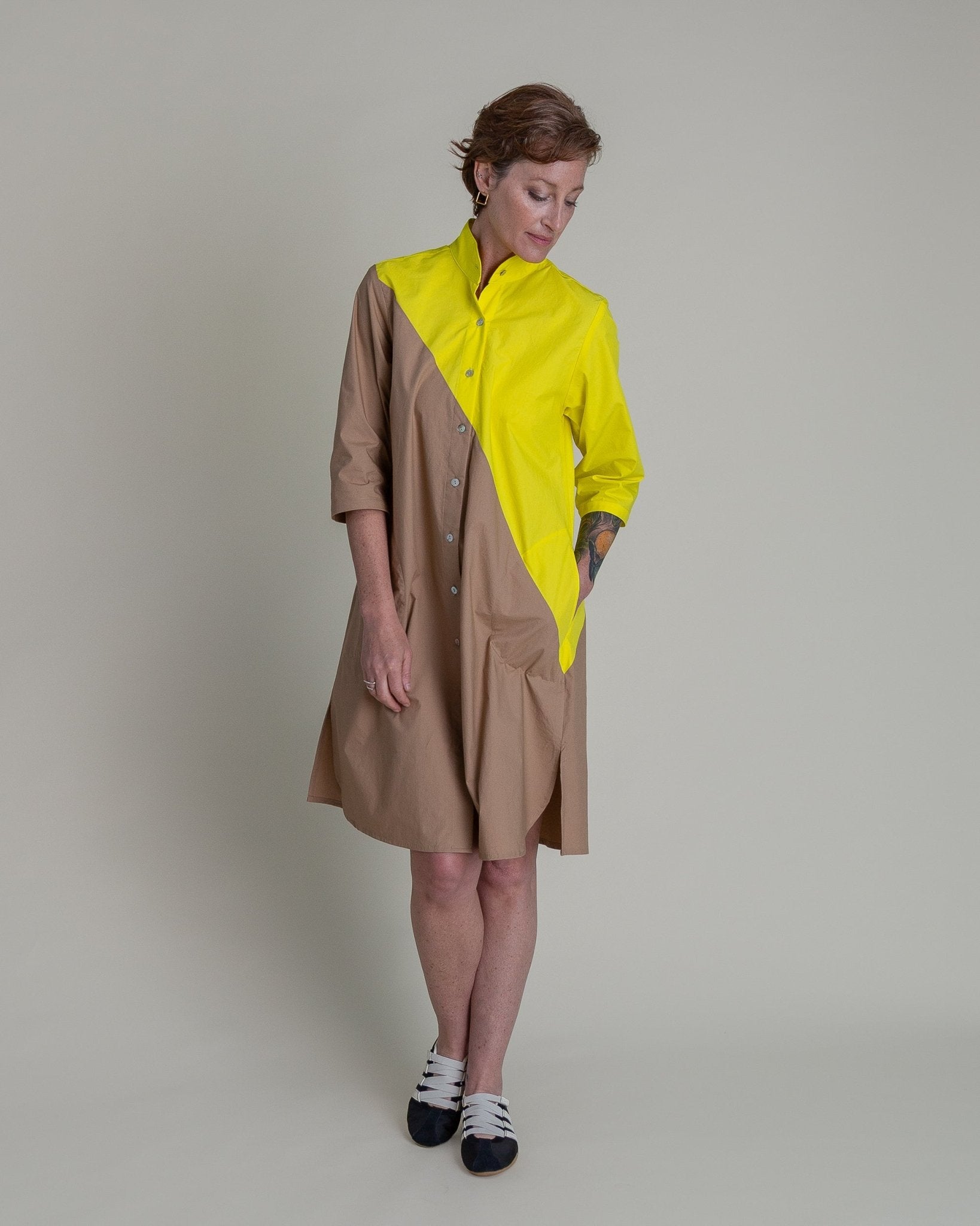 Summer Dress in Electric Yellow and Khaki Pieced Cotton PoplinSummer Dress