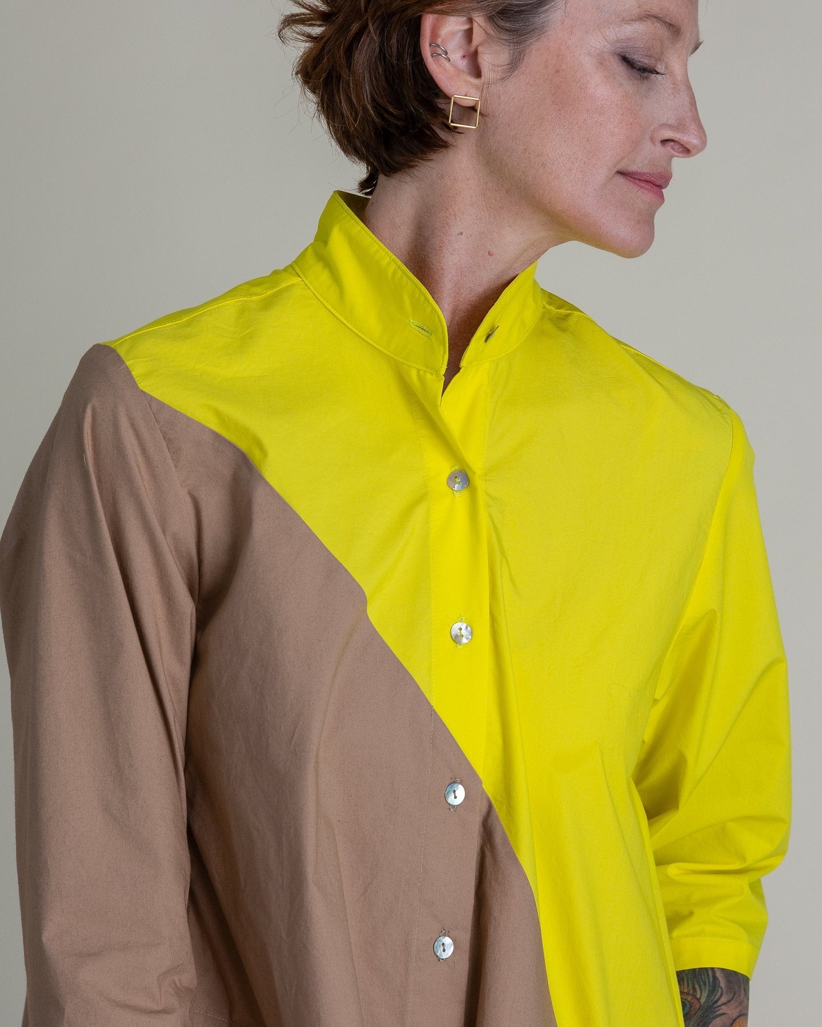 Summer Dress in Electric Yellow and Khaki Pieced Cotton PoplinSummer Dress
