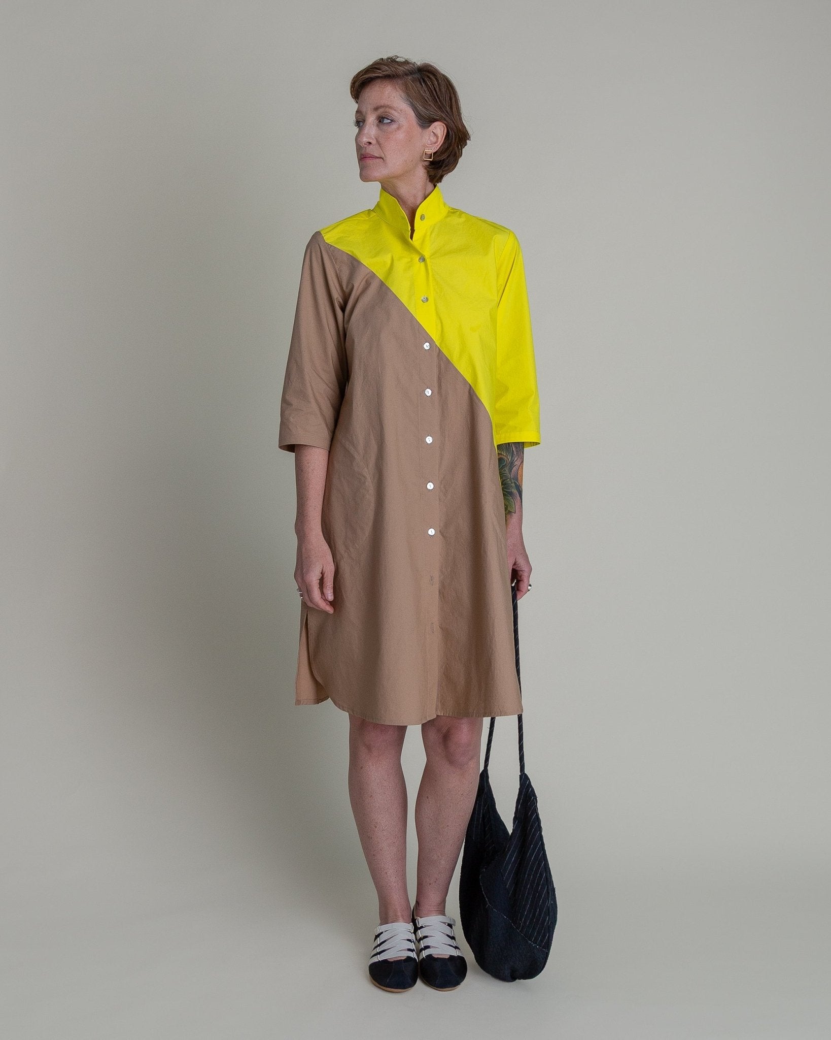 Summer Dress in Electric Yellow and Khaki Pieced Cotton PoplinSummer Dress