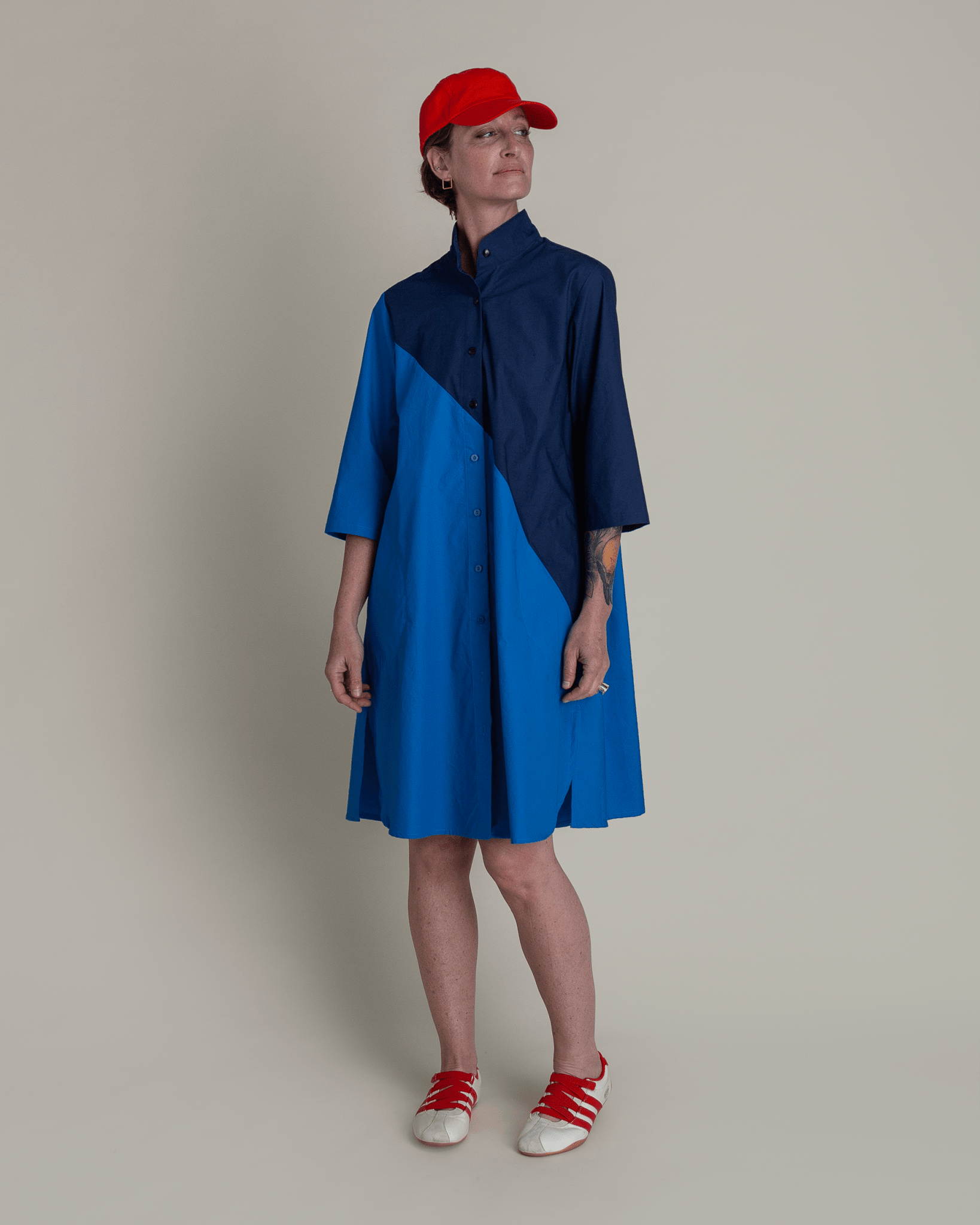 Summer Dress in Navy and Bright Blue Pieced Cotton PoplinSummer Dress