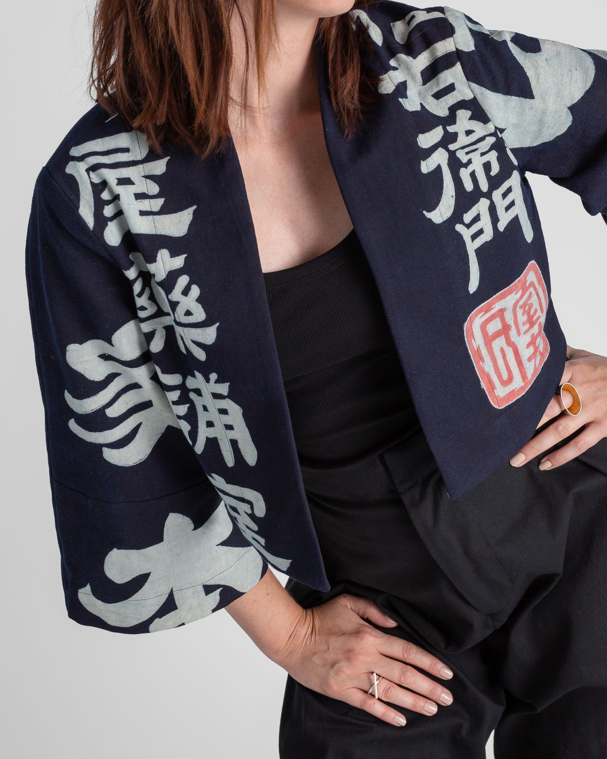 Temple Jacket in Vintage Japanese Stencil-Printed Indigo Cotton