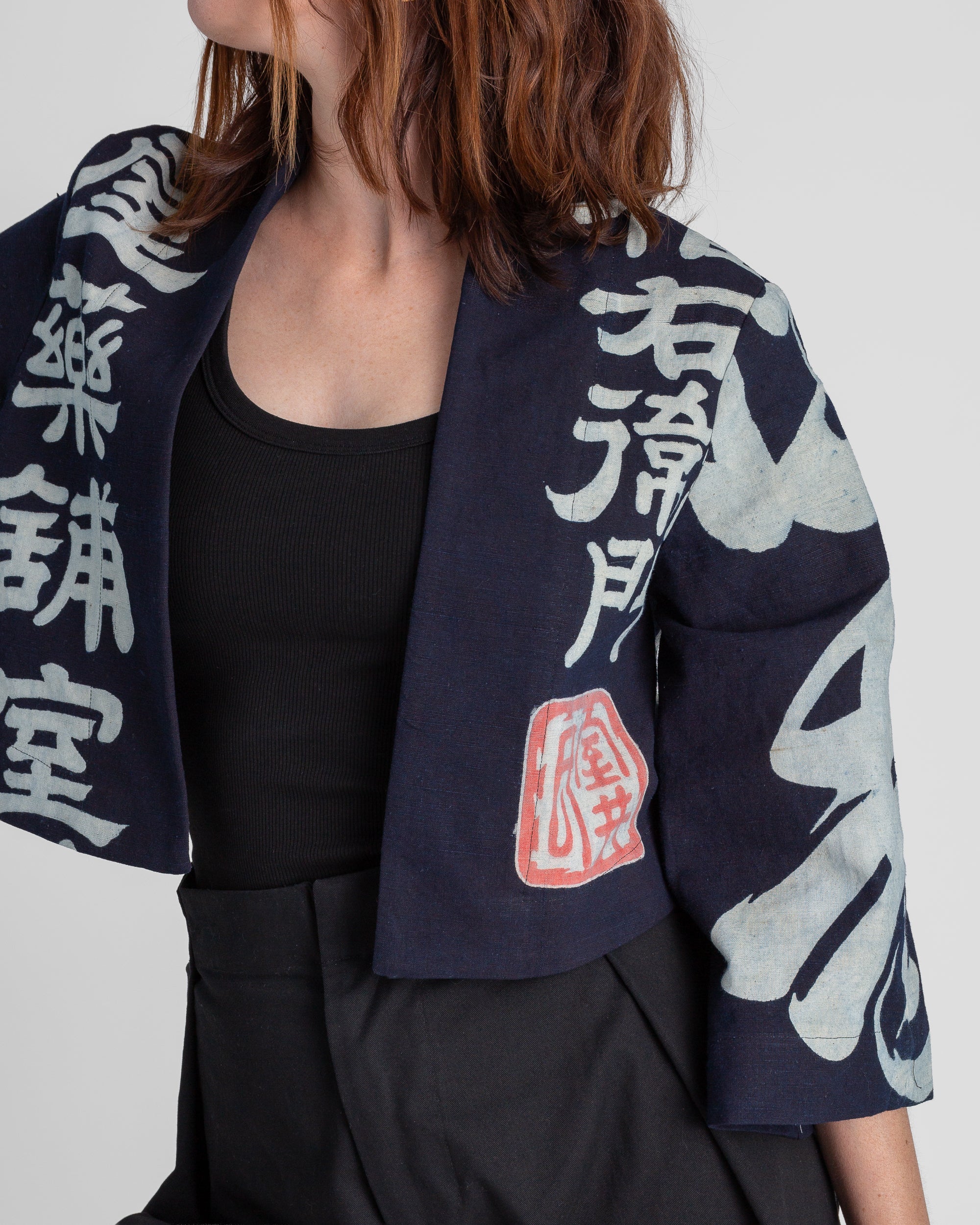 Temple Jacket in Vintage Japanese Stencil-Printed Indigo Cotton
